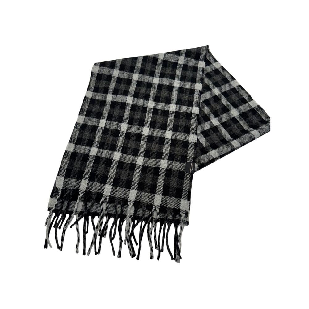 Pronto Uomo Men's Fringe Scarf OS Black Gray White‎ Plaid Acrylic Rectangle